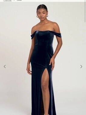 Jenny Yoo Off-Shoulder Velvet Maxi Dress in Navy